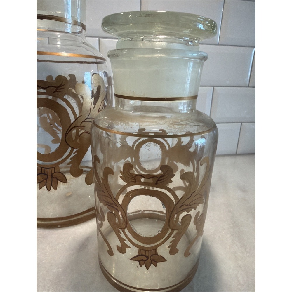 Set Of 5 Antique Clear Glass Apothecary Pharmacy Lidded Jars Gold Hand Decorated - Picture 4 of 16